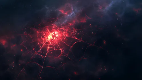 Glowing cosmic web of red light stretching through space.
