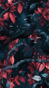 Midnight ravens rehearse secrets among crimson leaves