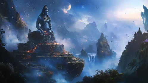 Colossal seated deity structure dominates misted mountain basin