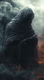 Shrouded wraith materializes within chromatic smoke and embers