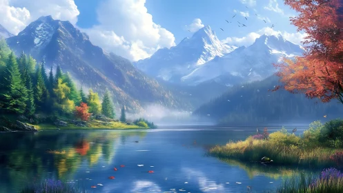 Mountain lake with conifer forest and autumn foliage.