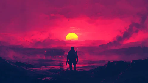 Lone wanderer walks toward a neon pink apocalyptic sunset