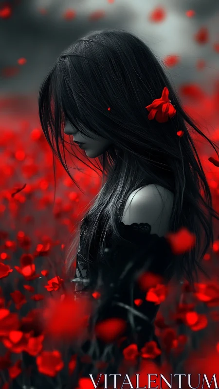 Solitary girl stands in red poppy field under muted sky