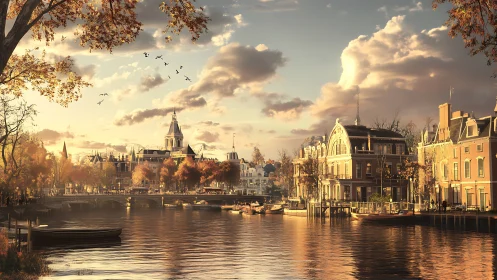 Digital painting of autumn canal cityscape at golden hour.