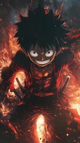 Grinning fireborn fighter marches through roaring emberscape.