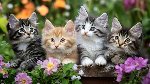 Four Adorable Kittens Among Garden Flowers.