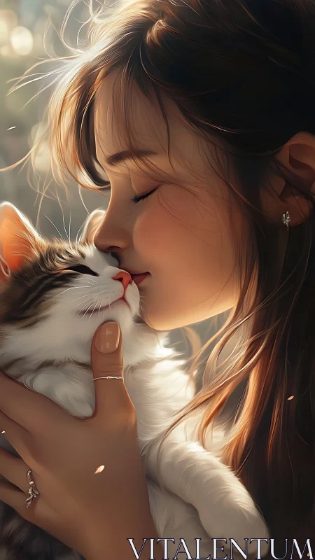 Whispered Affection: Golden Hour Embrace Between Girl and Cat