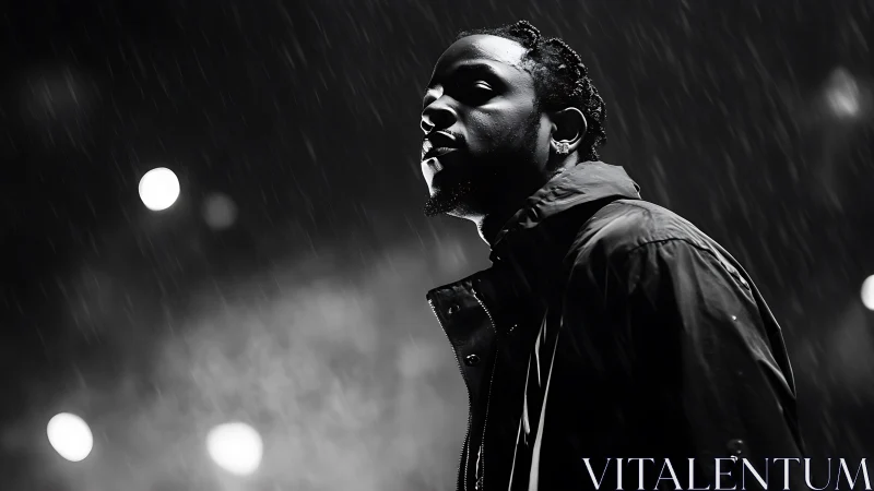 Moody night portrait of a lone figure standing in the rain.