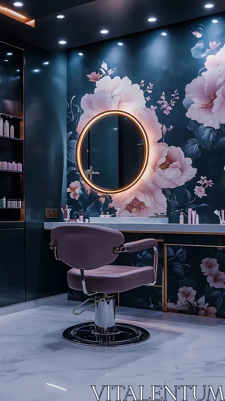 Luxury floral salon station with circular backlit mirror.