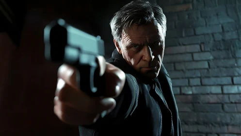 Shadowed stranger points pistol in tense brick alley scene.