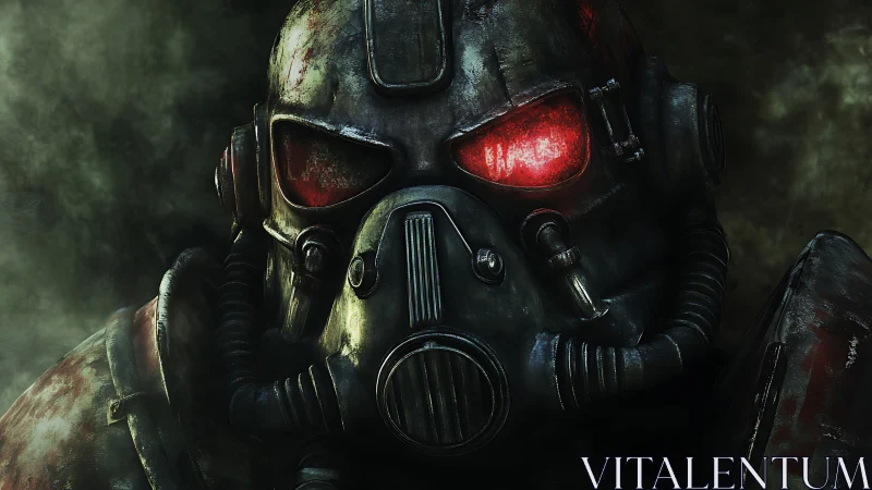 Heavily weathered power armor helmet with red-illuminated optics