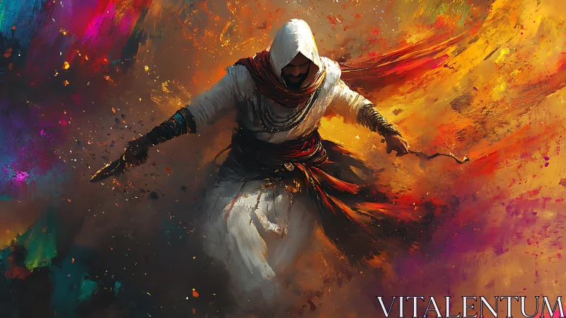 Hooded desert rogue dancing through an explosion of paint.