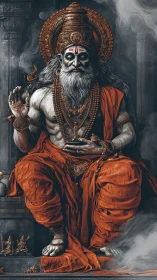 Monochrome stone sage deity in orange robes with intricate regalia