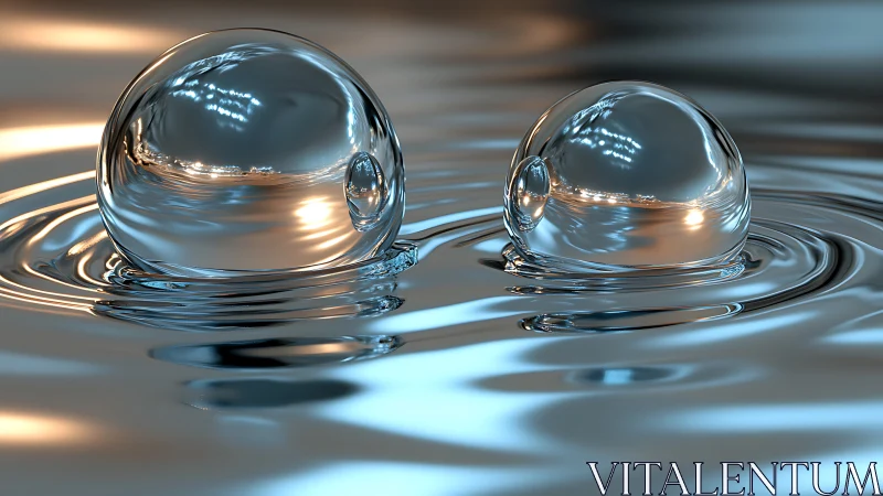 3D chrome liquid spheres floating over rippled metallic pool.