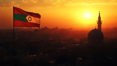 Sunlit city skyline with bold tricolor flag at dusk.