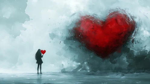 Girl Holds Small Heart Before Towering Red Heart.