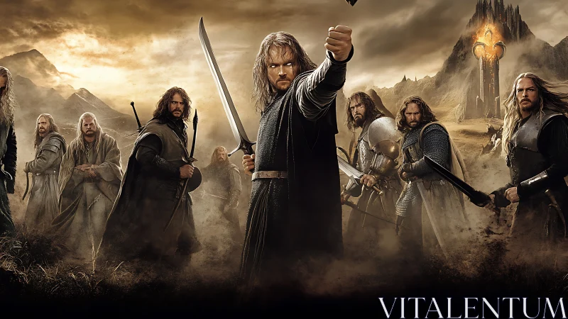 Armored warriors stand in formation on a stormy battlefield