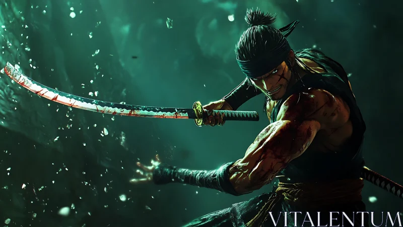 Samurai swordsman with bloodstained katana in motion stance.