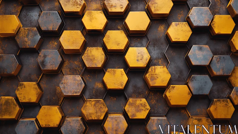 Weathered metallic hexagonal grid forms layered industrial relief