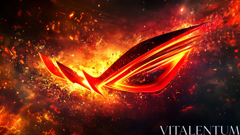 Stylized red emblem amid abstract fiery particle field.