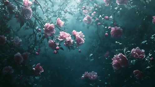 Pink Peonies in Ethereal Teal Garden: Dreamlike Floral Composition.