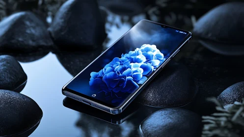 Midnight smartphone lagoon cradling luminous blue blooms.