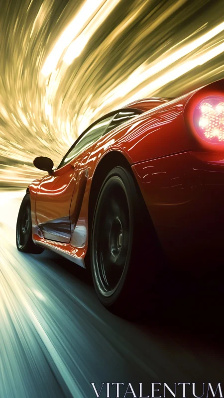 Rear three-quarter red sports coupe in high-speed light tunnel