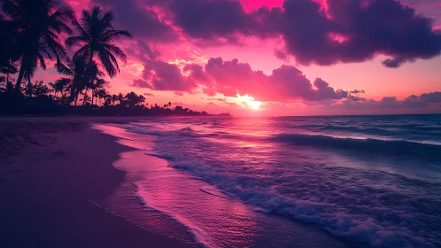 Neon pink sunset paints tropical shoreline in bold light.