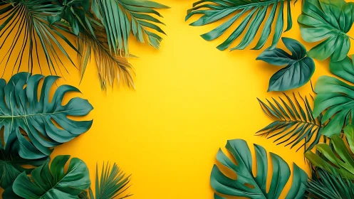 Tropical green leaves border on solid yellow background.