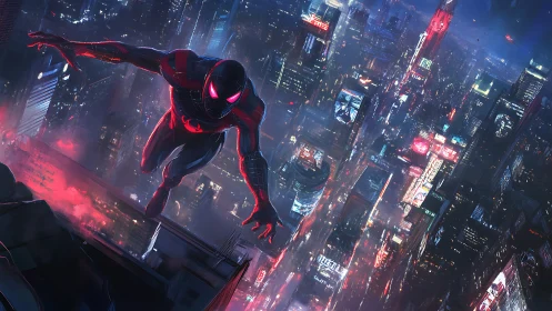 Masked acrobatic hero over neon city skyline at night.