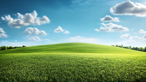 Soft green hillside welcomes sunlight under a bright blue sky