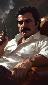 Oil portrait of seated man with gun and cinematic chiaroscuro.