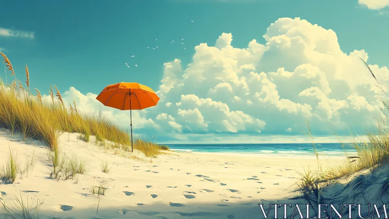 Digital painting of a solitary orange umbrella on coastal dunes.