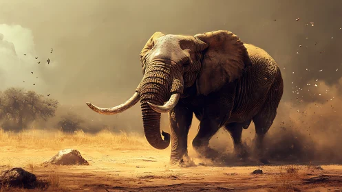 Photorealistic charging elephant in cinematic dust storm scene.