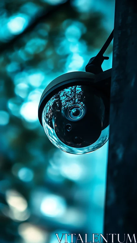Security Camera Lens Refraction in Cyan Light.