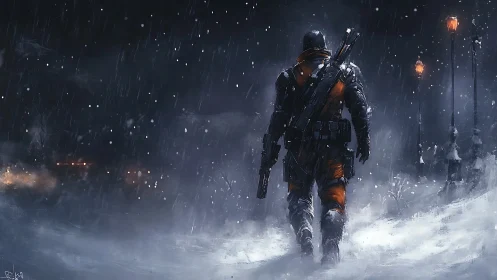 Solitary Sentinel Strides Through Frozen Tempest