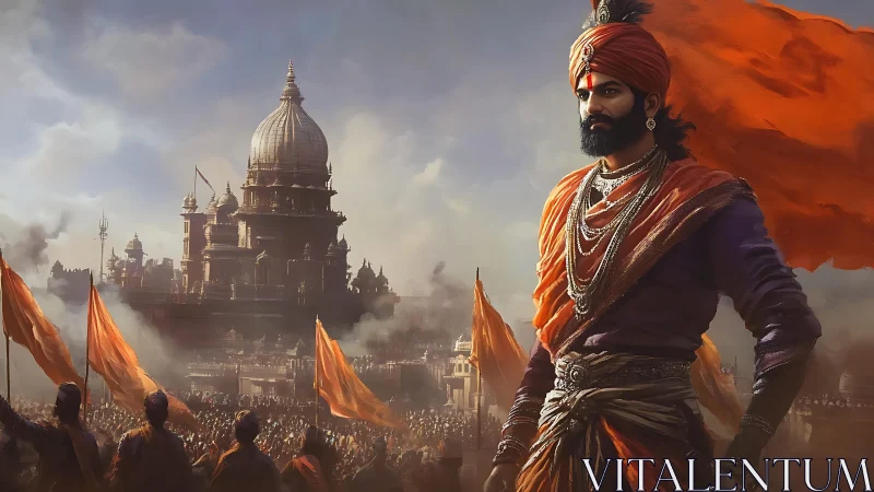 Warrior leader before grand temple and orange banners.