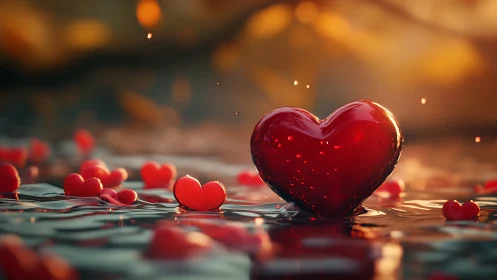 Crystalline Heart Form in Luminous Golden Ambient Setting.