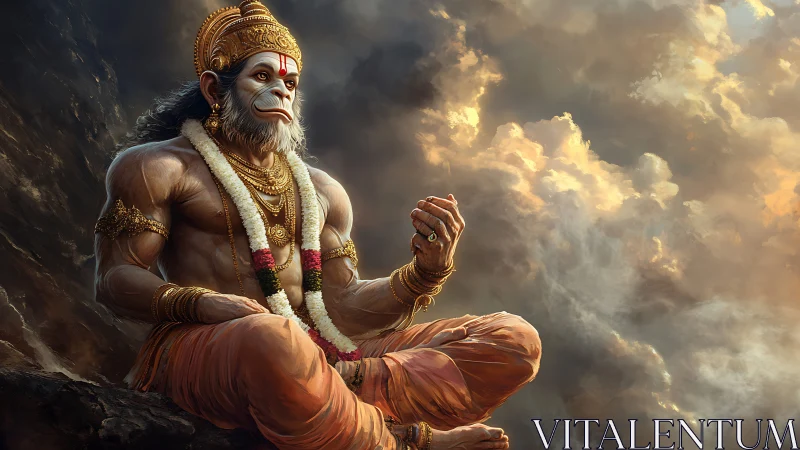 Divine monkey warrior meditates amid stormlit sacred clouds.