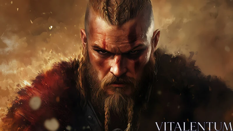 Battle-scarred Viking warrior glares through swirling embers