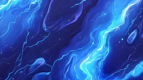 Rivers of glowing blue light drift gently across deep space