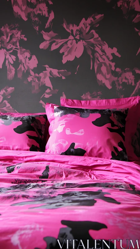 Pink and black floral bedding set contrasts with dark wall