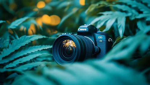 DSLR camera nestles in teal jungle foliage, lens glowing