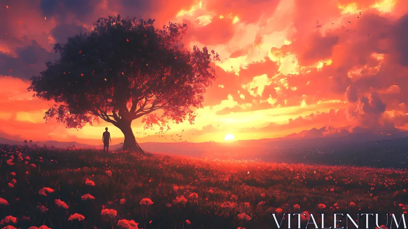 Solitary dreamer beneath a wildfire sunset tree of embers.