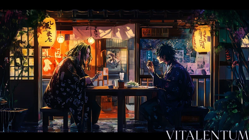 Two figures dine at an outdoor table before a lit storefront