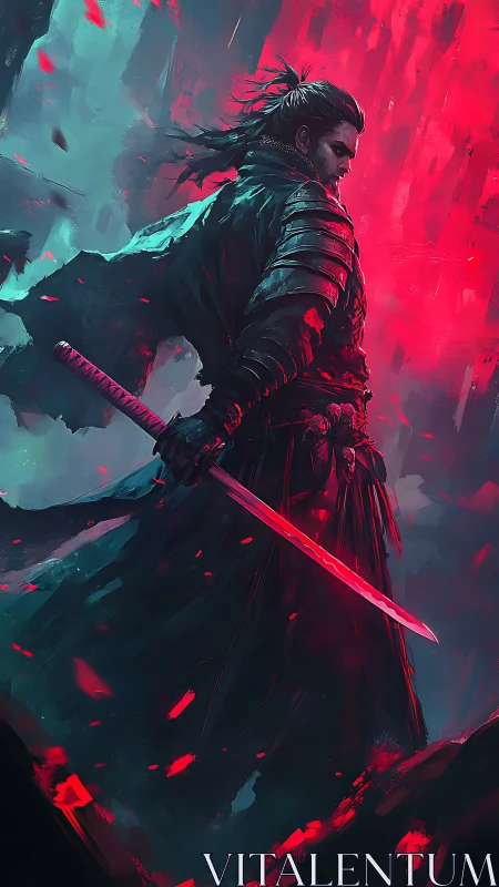 Samurai warrior in crimson light with dynamic brushwork.