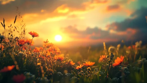 Wildflower meadow under warm sunset sky glow.