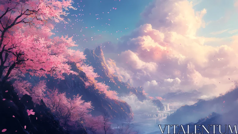 Dreamlike sakura cliffs above luminous misty valley.