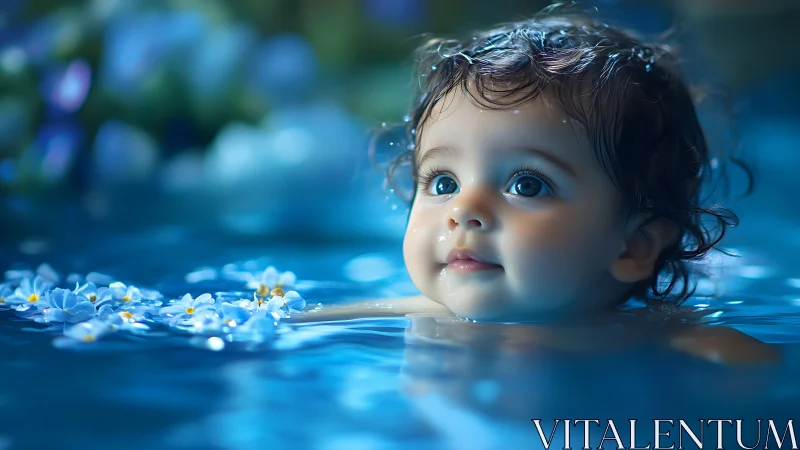 Young child submerged in water with floating flowers and bokeh background