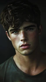 Intense close-up portrait of young man with freckles.